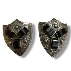 Sterling Silver Black Onyx Cuff Links Medieval Cufflinks Knight Shield Designer